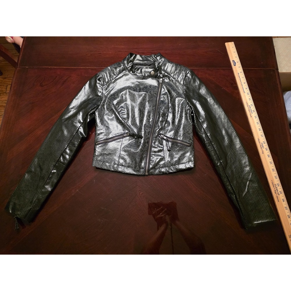 Last Kiss‎ Jacket Womens Medium Black Snake Print Faux Leather Moto Zip Cropped